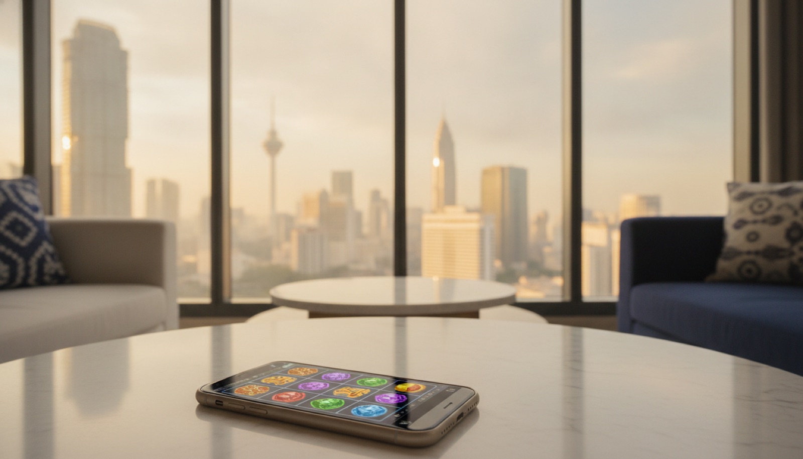 Phone showing a slot game in a bright lounge