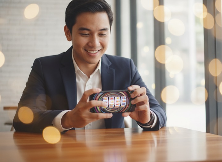 Player spinning a slot on his phone